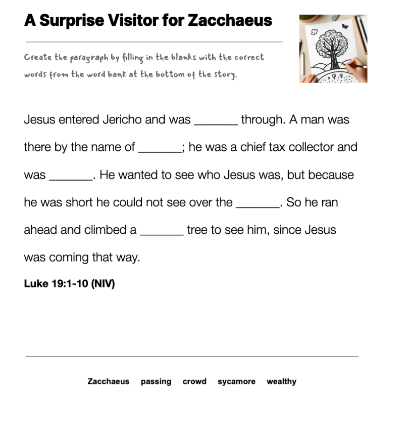 A Surprise Visitor for Zacchaeus fill-in-the-blank